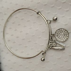 Silver Metal Adjustable Bangle Charm Bracelet w/5 Charms-Crystals-EC